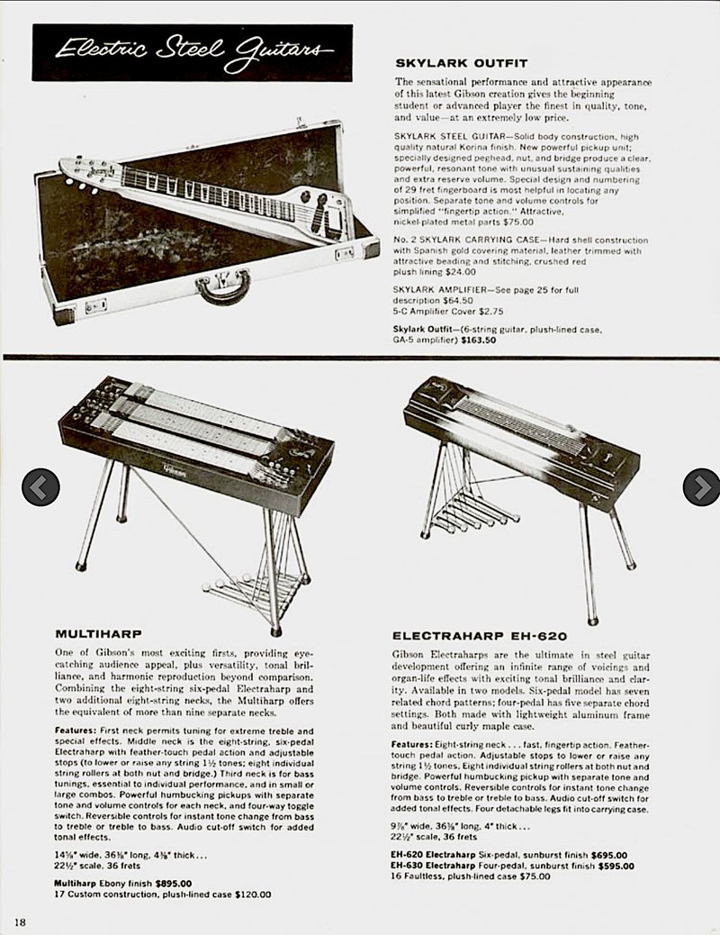 Gibson 1960 guitar and amplifier catalog Page 18 Details of the Gibson Multiharp, Electraharp EH-620 EH-630 and Skylark electric steel guitars